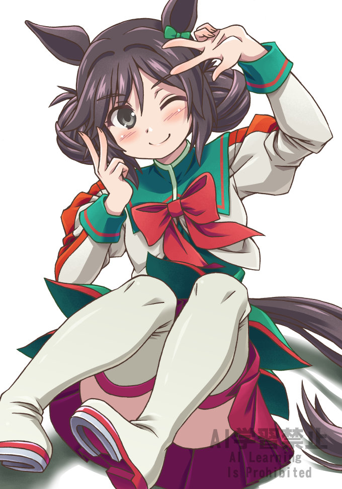 1girl, animal_ears, arihitom, black_eyes, black_hair, breasts, convenient_censoring, double_bun, hair_between_eyes, hair_bun, hair_ornament, horse_ears, horse_girl, horse_tail, looking_at_viewer, one_eye_closed, river_light_(umamusume), sitting, small_breasts, smile, tail, thigh-highs, umamusume, v, watermark, white_background