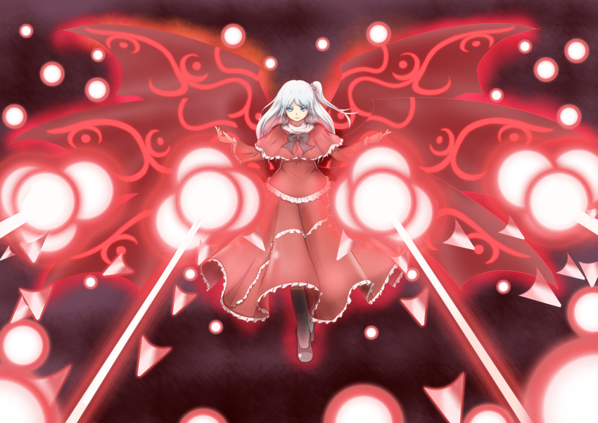 absurdres, capelet, dress, fate/stay_night, fate_(series), flying, hair_bobbles, hair_ornament, high_heels, highres, laser, magic, medea_(fate), multiple_wings, mystic_square, one_side_up, parody, purple_wings, red_capelet, red_dress, reiss_atelier, shinki_(touhou), side_ponytail, solo, touhou, touhou_(pc-98), wings