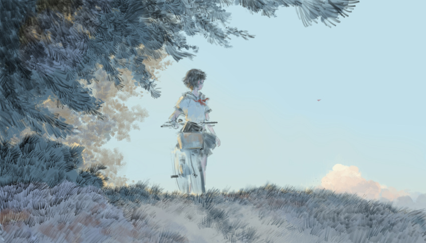 1girl, absurdres, bangqiao_yan, bicycle, black_hair, black_serafuku, black_skirt, blue_sky