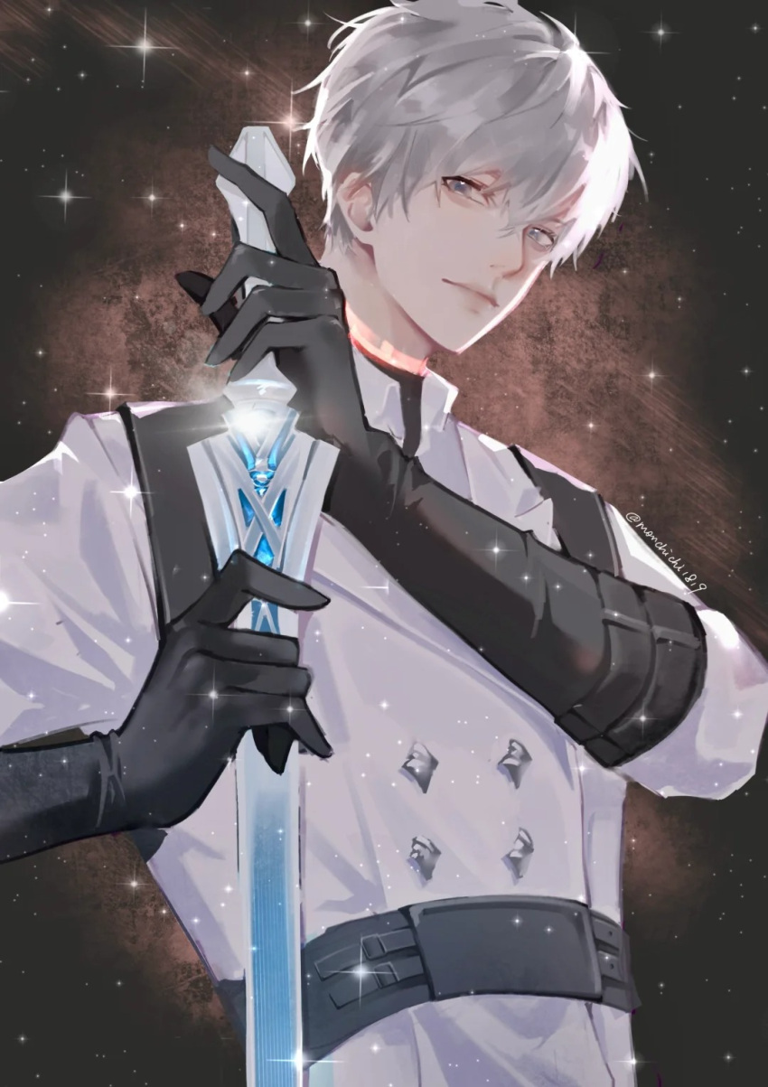 1boy, black_gloves, blue_eyes, closed_mouth, elusive_sadie, galaxy_background, gloves, grey_hair