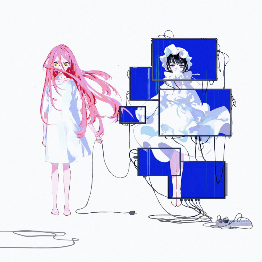2girls, alien_stage, barefoot, black_hair, bonnet, cable, choker, commentary