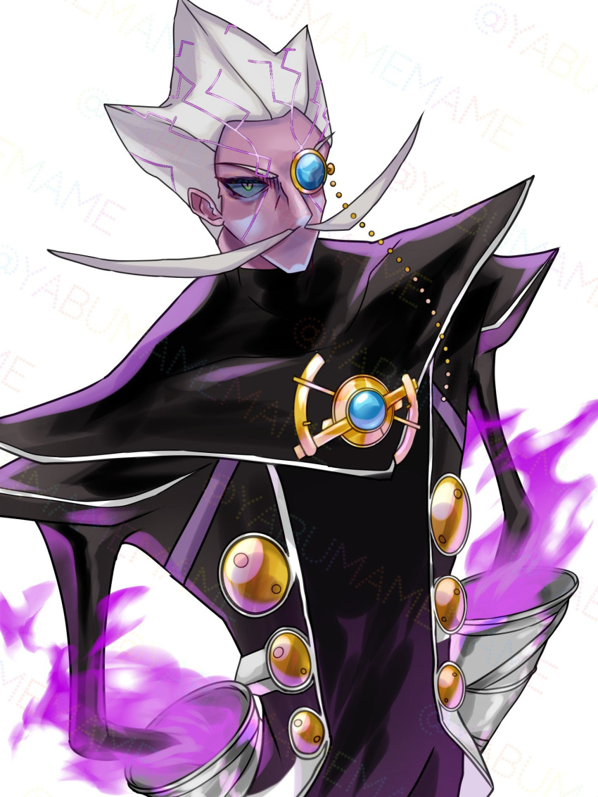 1boy, aron_(kid_icarus), colored_skin, facial_hair, fire, gloves, grey_gloves, highres