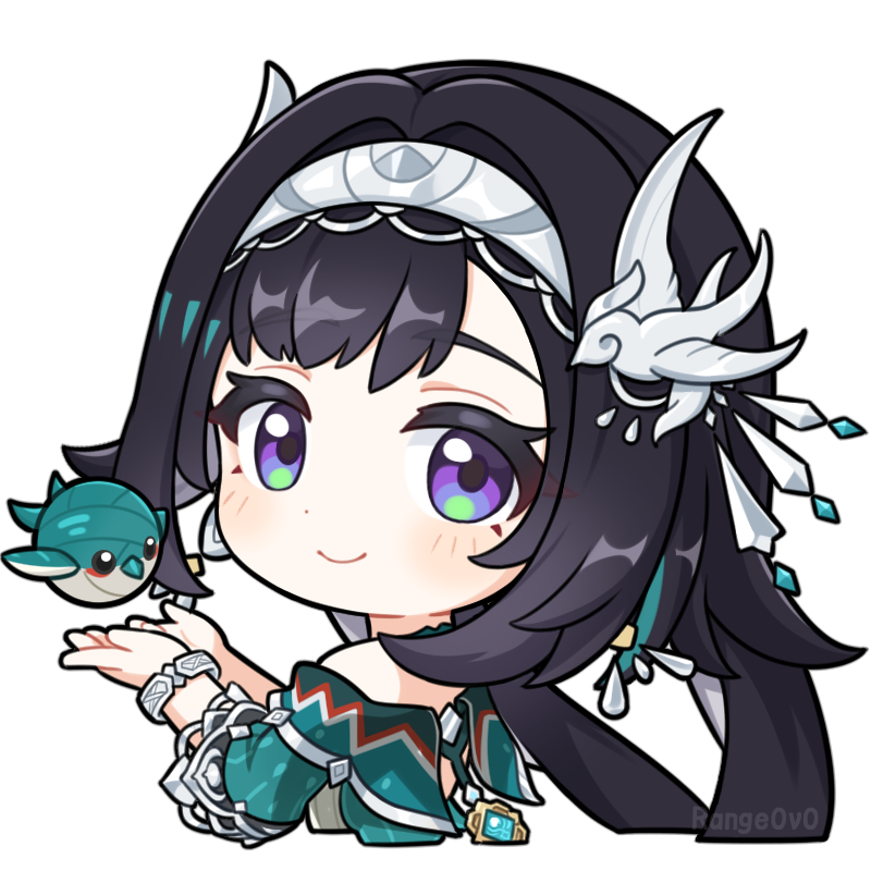 1girl, bird, bird_hair_ornament, black_hair, bracelet, chibi, chibi_only, closed_mouth, commentary_request, dress, from_behind, genshin_impact, green_dress, hair_intakes, hair_ornament, hairband, hands_up, jewelry, jiu_fanglianhua, lan_yan_(genshin_impact), long_hair, looking_at_viewer, looking_back, portrait, silver_bracelet, simple_background, smile, solo, twitter_username, violet_eyes, vision_(genshin_impact), white_background, white_hairband