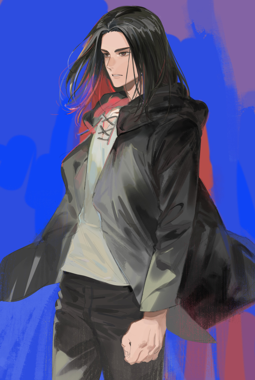 0oizuo0, 1boy, absurdres, black_hair, black_jacket, black_pants, blue_background, brown_eyes
