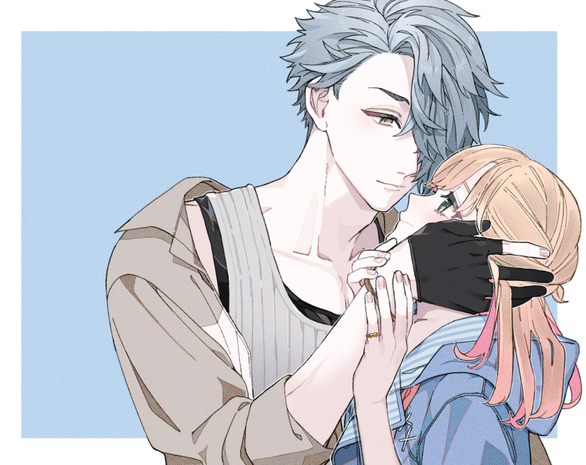 1boy, 1girl, black_gloves, blue_background, blue_jacket, bustafellows, eye_contact, gloves