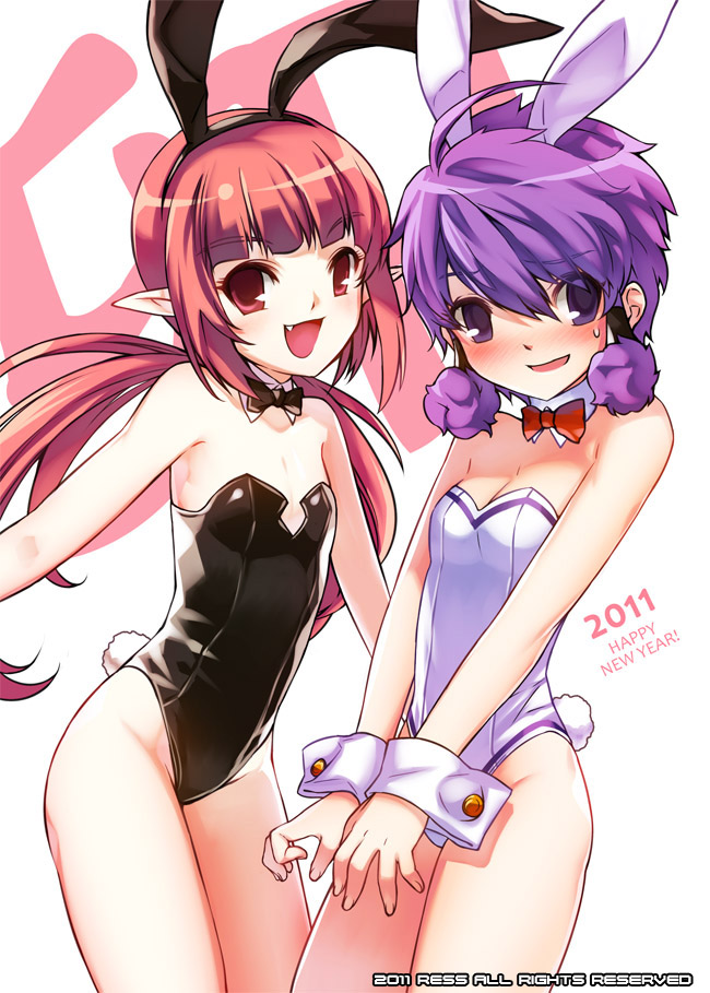 2girls, aisha, aisha_(elsword), animal_ears, bare_legs, bunny_ears, bunnysuit, crossover
