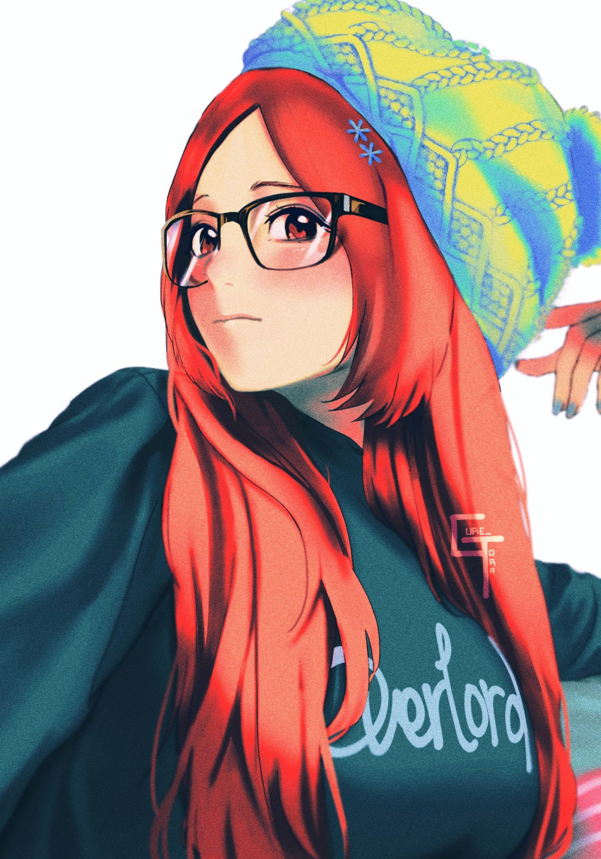 1girl, black_sweater, bleach, blue_nails, blush, cable_knit, casual, closed_mouth