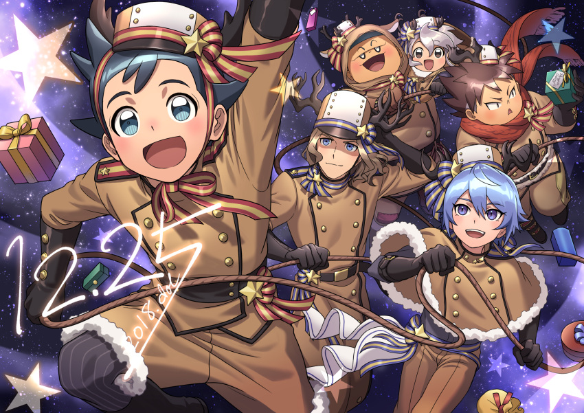 6+boys, black_gloves, black_hair, blonde_hair, blue_eyes, blue_hair, brown_capelet, brown_hair