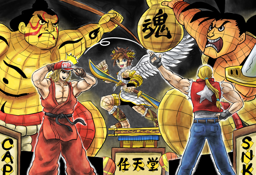 angel, angel_wings, baseball_cap, blonde_hair, capcom_vs_snk, edmond_honda, fatal_fury, fingerless_gloves, gloves, hand_on_own_hip, haoumaru, hat, highres, ken_masters, kicdon, kid_icarus, kid_icarus_uprising, male_focus, muscular, muscular_male, palutena_bow_(kid_icarus), pit_(kid_icarus), samurai_spirits, star_(symbol), street_fighter, street_fighter_ii_(series), super_smash_bros., terry_bogard, wings