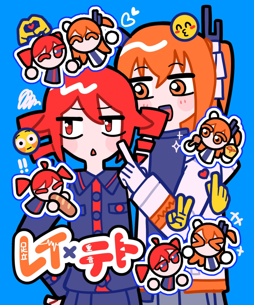 2girls, a.i._voice, adachi_rei, breast_pocket, chibi, chibi_inset, detached_sleeves, drill_hair, emoticon, gloves, highres, ice_tabetai, jacket, kasane_teto, multiple_girls, orange_eyes, orange_hair, pocket, red_eyes, redhead, tagme, twin_drills, utau, white_gloves, white_jacket, yuri