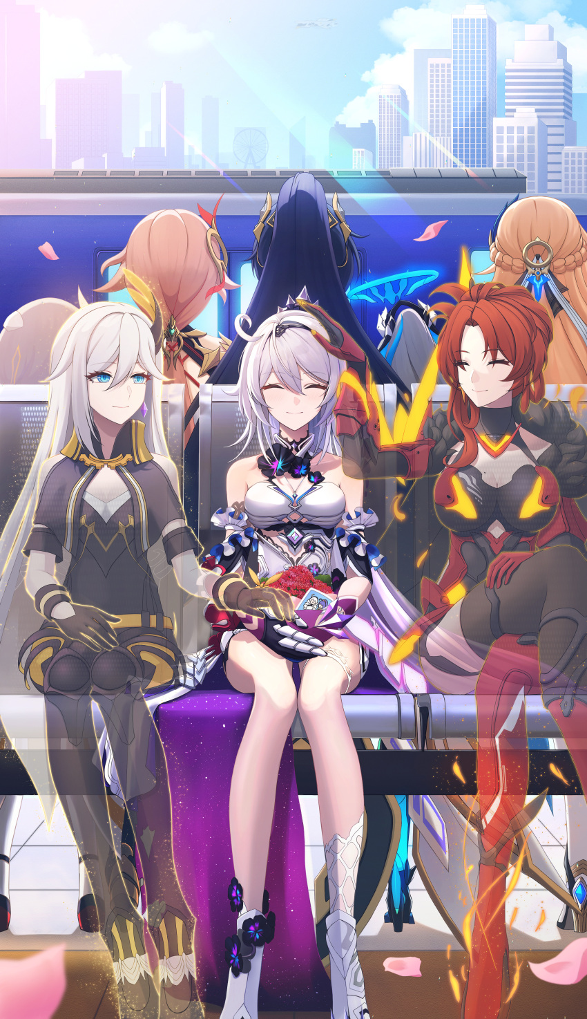 6+girls, absurdres, armored_leotard, bare_shoulders, birthday, black_pants, black_shirt, blonde_hair