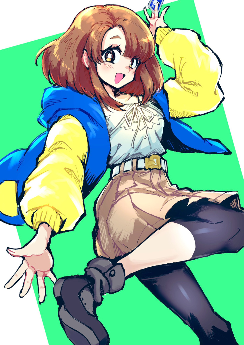 1girl, black_pantyhose, blue_jacket, brown_eyes, brown_hair, brown_shorts, card, digimon