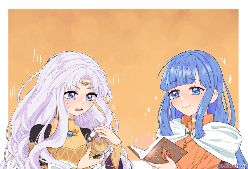 2girls, absurdres, anger_vein, blue_eyes, blue_hair, book, border, closed_mouth, commission, enid_(tear_ring_saga), fire_emblem, fire_emblem:_thracia_776, hands_up, highres, holding, holding_book, jewelry, long_hair, miiuchuu, multiple_girls, orange_background, orb, outside_border, parted_bangs, purple_hair, sara_(fire_emblem), second-party_source, smile, tear_ring_saga:_berwick_saga, tiara, twitter_username, upper_body, white_border