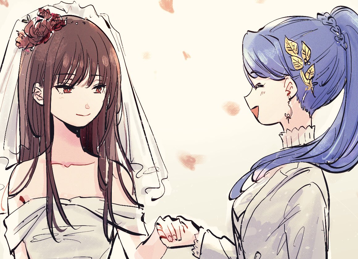 blue_hair, bridal_veil, bride, brown_hair, dress, groom, hanamura_shiki, heaven_burns_red, holding_hands, kulfiq, long_hair, long_sleeves, red_eyes, veil, wedding, wedding_dress, wife_and_wife, yanagi_mion, yuri