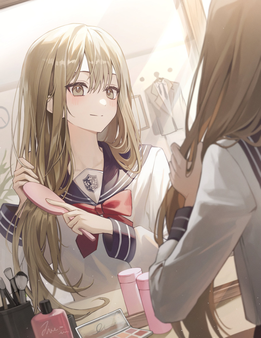 1boy, absurdres, androgynous, as4_s2, blazer, blonde_hair, blue_sailor_collar, bow