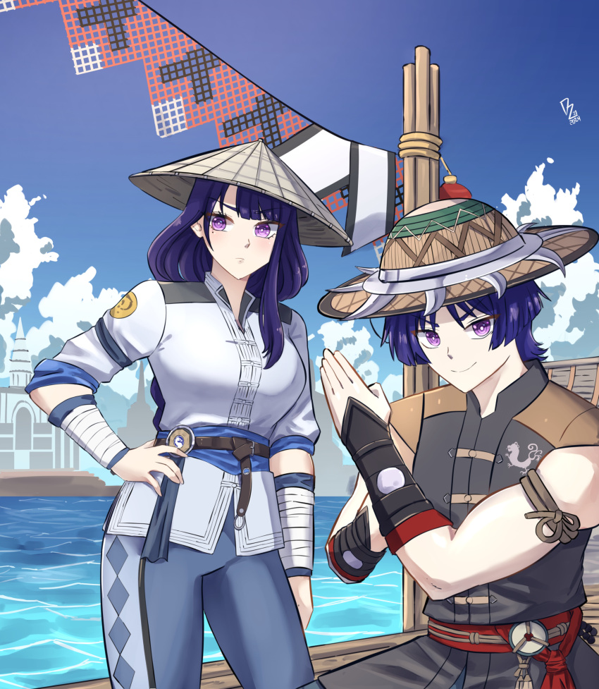 1boy, 1girl, absurdres, ajirogasa, alternate_costume, alternate_universe, arm_at_side, arm_guards