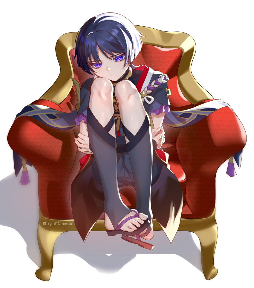 1boy, black_bodysuit, black_footwear, black_kimono, black_leggings, black_shorts, black_sleeves, blunt_ends