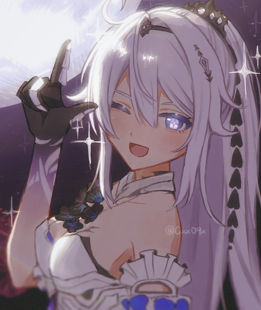 ;d, bare_shoulders, black_flower, blue_eyes, colored_extremities, commentary_request, cxx09x, diamond-shaped_pupils, diamond_(shape), dress, flower, from_side, hair_between_eyes, hand_up, high_ponytail, highres, honkai_(series), honkai_impact_3rd, kiana_kaslana, kiana_kaslana_(herrscher_of_finality), long_hair, looking_at_viewer, moon, one_eye_closed, open_mouth, ponytail, smile, strapless, strapless_dress, symbol-shaped_pupils, twitter_username, upper_body, white_dress