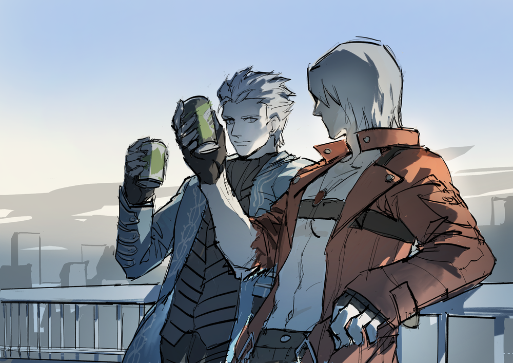 2boys, abs, against_railing, belt, black_pants, black_vest, blue_coat, brothers