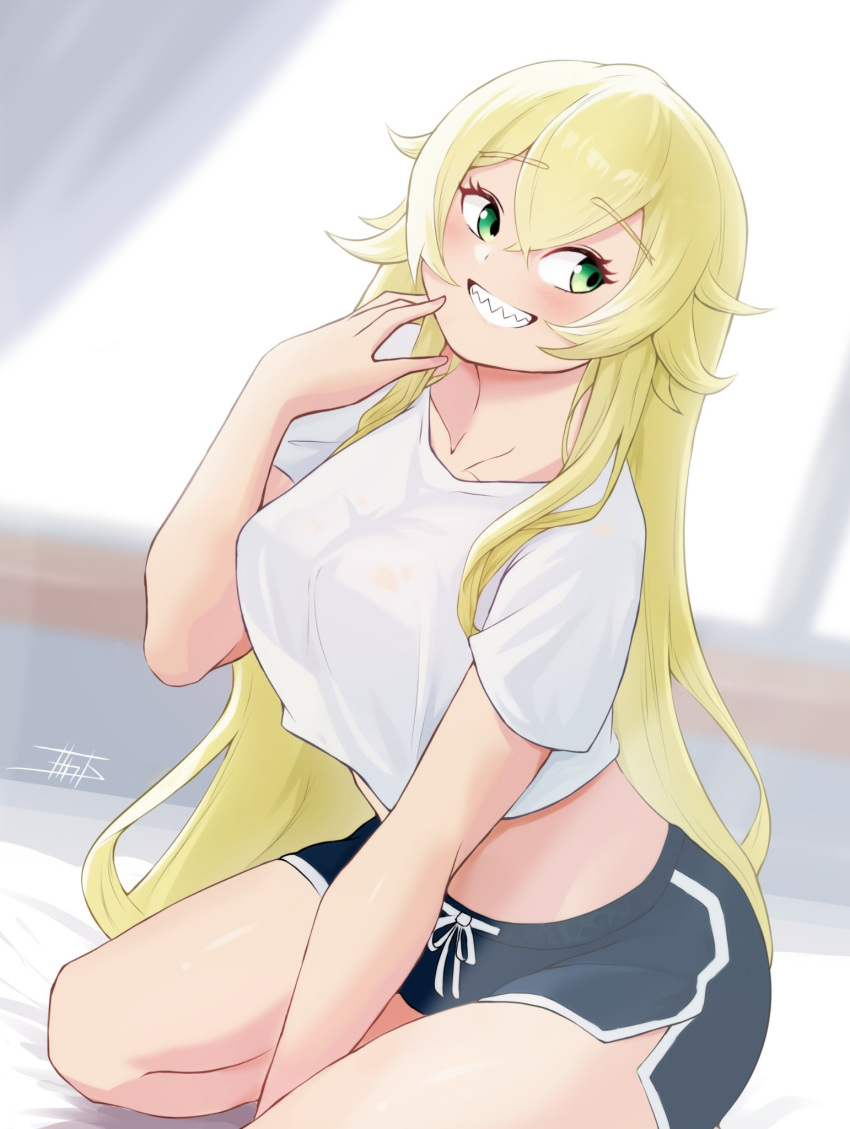 1girl, blonde_hair, blush, breasts, contemporary, frederica_baumann, green_eyes, highres