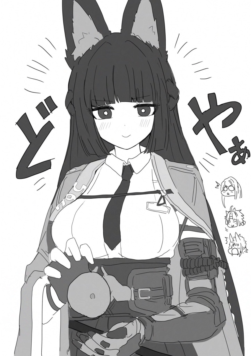 1boy, 3girls, animal_ear_fluff, animal_ears, asaba_harumasa, blunt_bangs, closed_mouth, dress_shirt, fingerless_gloves, fox_ears, fox_girl, gloves, greyscale, hair_between_eyes, highres, horns, hoshimi_miyabi, jacket, light_blush, long_hair, looking_at_viewer, mitsumoto_amata, monochrome, multiple_girls, necktie, oni, parted_bangs, shirt, sidelocks, simple_background, single_fingerless_glove, smile, solo_focus, soukaku_(zenless_zone_zero), tsukishiro_yanagi, upper_body, white_background, zenless_zone_zero