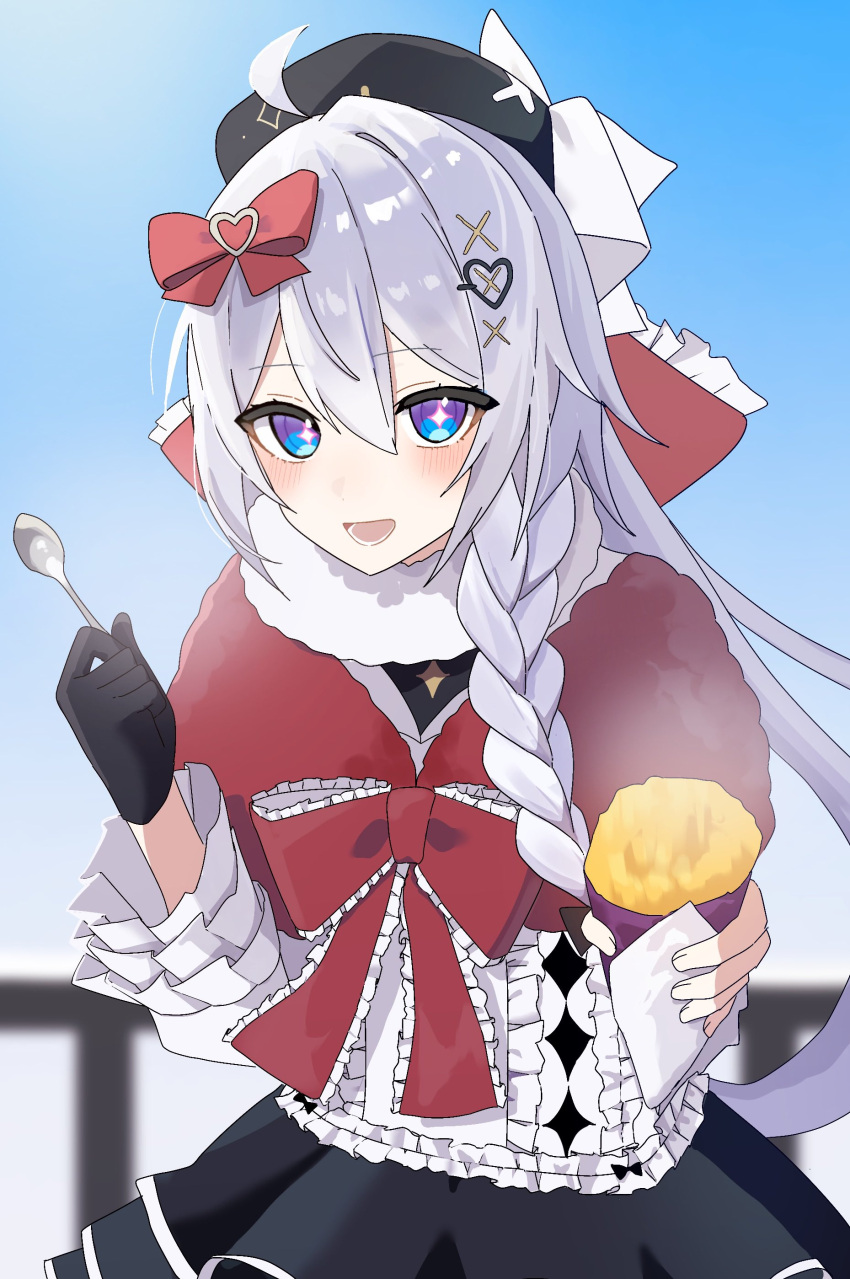 1girl, absurdres, black_gloves, black_hat, blue_eyes, blue_sky, blush, bow