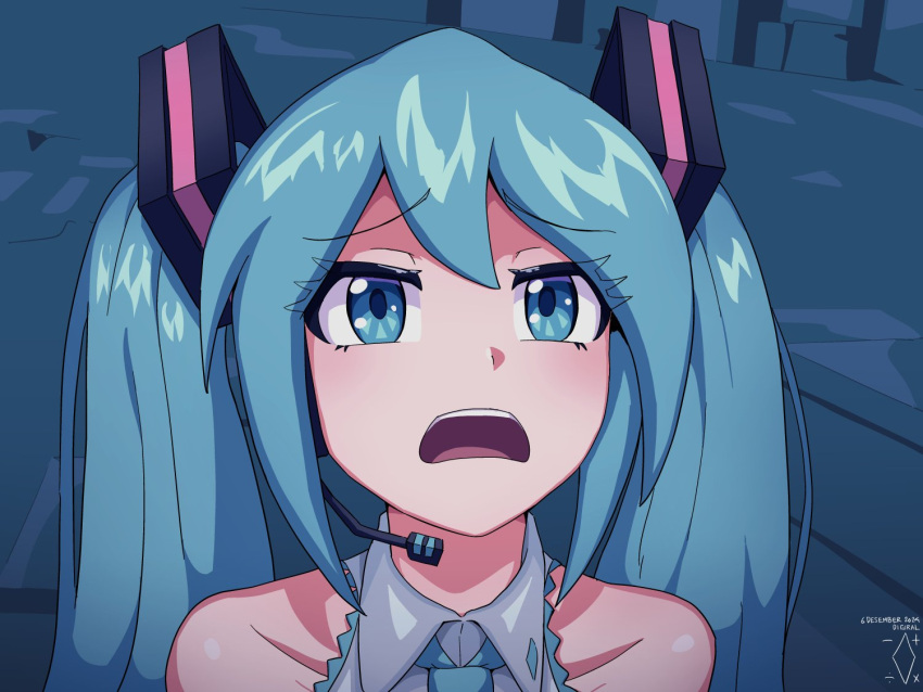 1girl, aqua_eyes, aqua_hair, aqua_necktie, artist_logo, artist_name, at_eternity's_gate, collared_shirt, commentary, d:, dated, digiral, english_commentary, grey_shirt, hair_ornament, hatsune_miku, headset, logo, long_hair, meme, microphone, necktie, open_mouth, portrait, shirt, sleeveless, sleeveless_shirt, solo, teeth, twintails, upper_teeth_only, vocaloid, willem_dafoe_looking_up_(meme)
