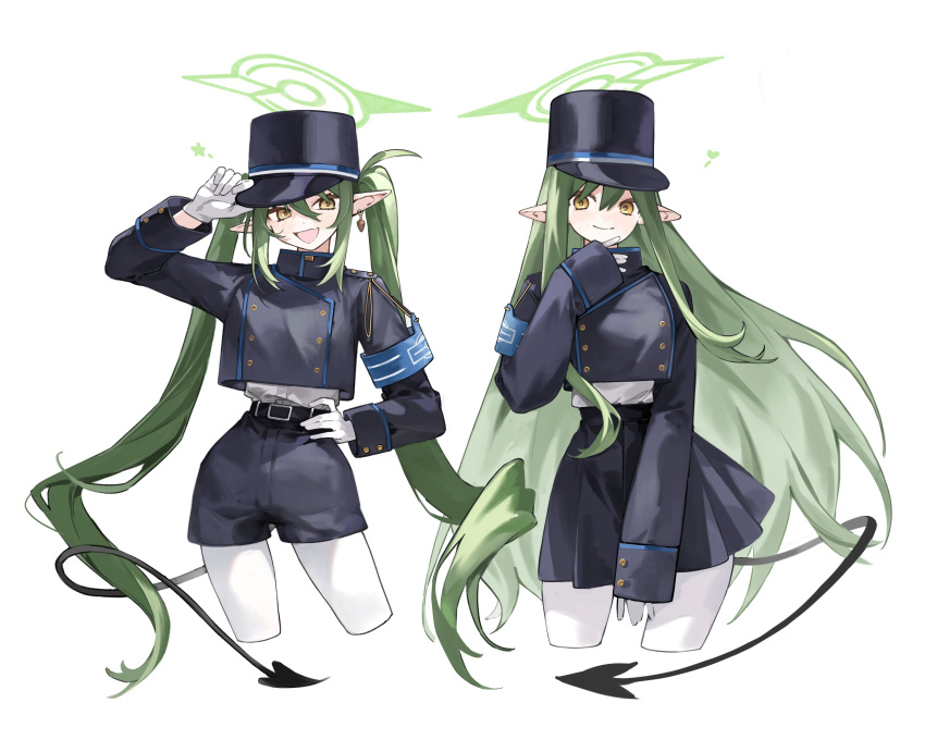 2girls, absurdres, adjusting_clothes, adjusting_headwear, armband, black_hat, black_jacket, black_shorts