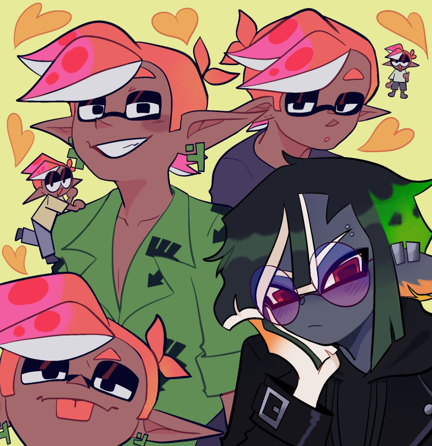 1boy, 1girl, baker_(splatoon), black_hair, black_shirt, black_skin, colored_skin, dark-skinned_male, dark_skin, domino_mask, earrings, green_hair, green_shirt, heart, highres, jewelry, kiki_(splatoon), mask, multicolored_hair, multiple_views, orange_hair, parted_lips, shirt, smile, splatoon_(series), splatoon_3, tentacle_hair, tongue, tongue_out, tripledip, two-tone_hair, yellow_background