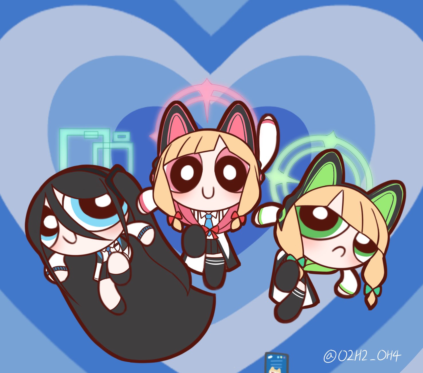 3girls, absurdly_long_hair, aris_(blue_archive), arm_up, artist_name, black_hair, black_skirt, black_thighhighs, blonde_hair, blue_archive, blue_background, blue_eyes, blue_halo, bright_pupils, chibi, chibi_only, frown, full_body, green_eyes, green_halo, hair_between_eyes, halo, highres, long_hair, looking_at_viewer, midori_(blue_archive), momoi_(blue_archive), multiple_girls, o2h2_oh4, pink_eyes, pink_halo, powerpuff_girls, powerpuff_girls_(style), rectangular_halo, skirt, smile, thigh-highs, twitter_username, very_long_hair, white_pupils