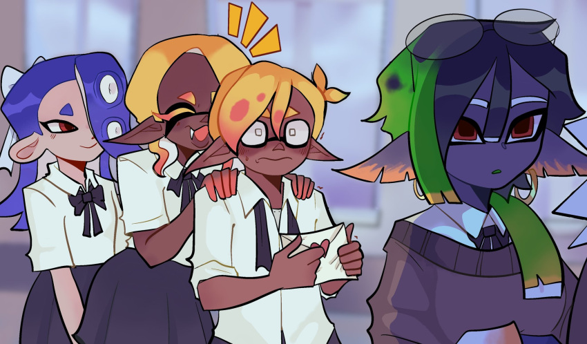 1boy, 3girls, baker_(splatoon), black_bow, black_bowtie, black_hair, black_skin, black_skirt