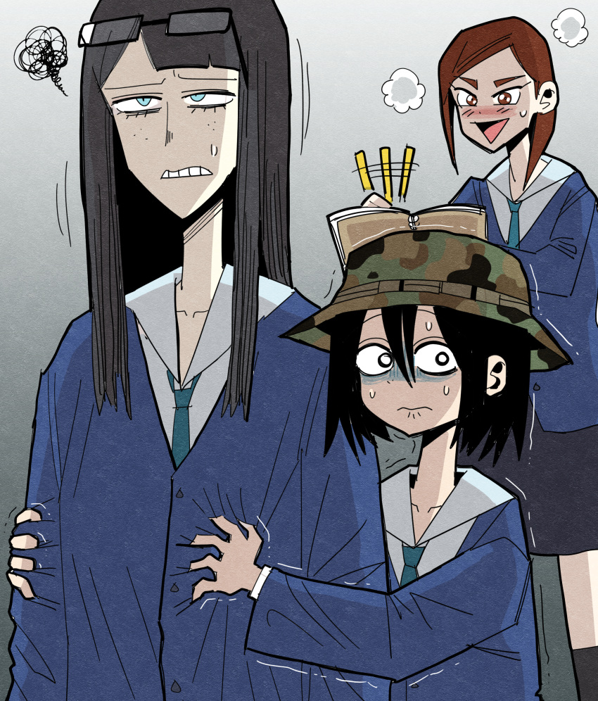 3girls, absurdres, asakusa_midori, black_hair, blazer, blue_eyes, blue_jacket, blue_necktie