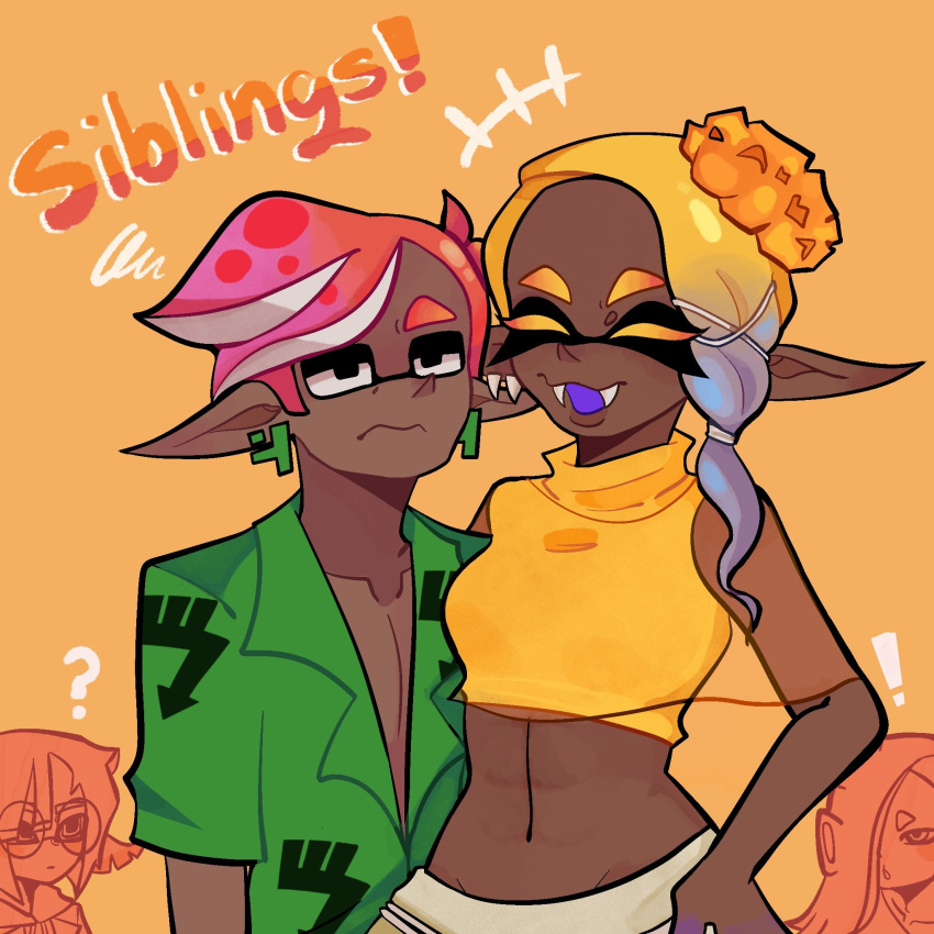 !, 2boys, 2girls, ?, baker_(splatoon), blonde_hair, blue_hair, closed_eyes