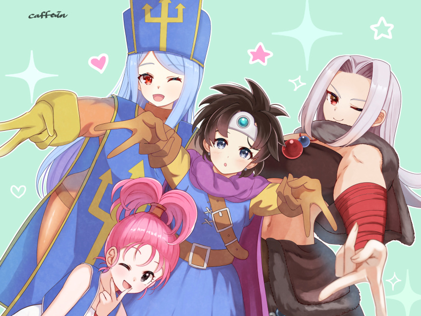 4girls, black_hair, blue_hair, blue_tabard, bodysuit, cape, cross, cross_print, double_v, dragon_quest, dragon_quest_iii, grey_hair, heart, heroine_(dq3), highres, long_hair, looking_at_viewer, merchant_(dq3), monster_wrangler_(dq3), multiple_girls, one_eye_closed, orange_bodysuit, pelt, pink_hair, priest_(dq3), print_headwear, star_(symbol), tabard, tiara, topknot, under_hoshizora, v, wrist_wrap