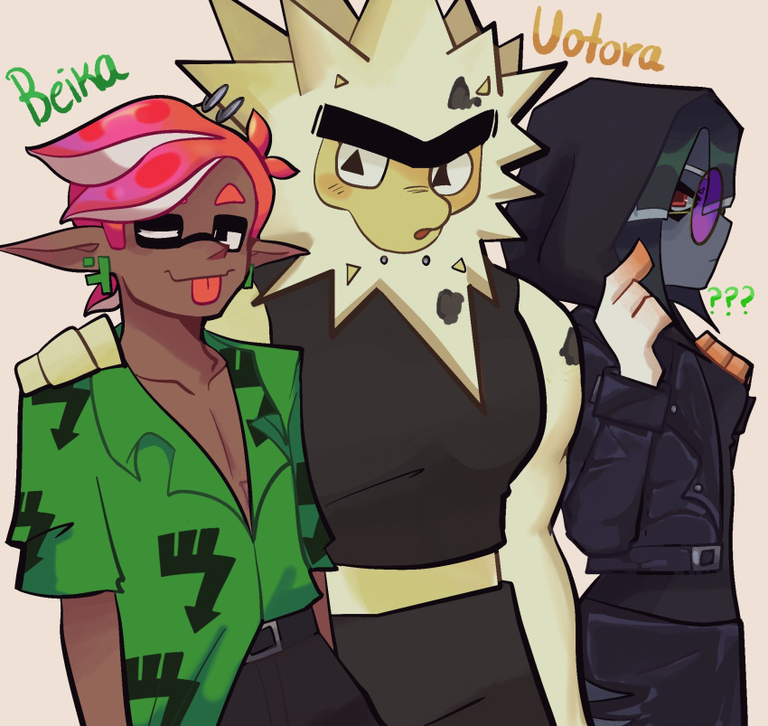1girl, 2boys, ?, ??, baker_(splatoon), black_skin, character_name, colored_skin