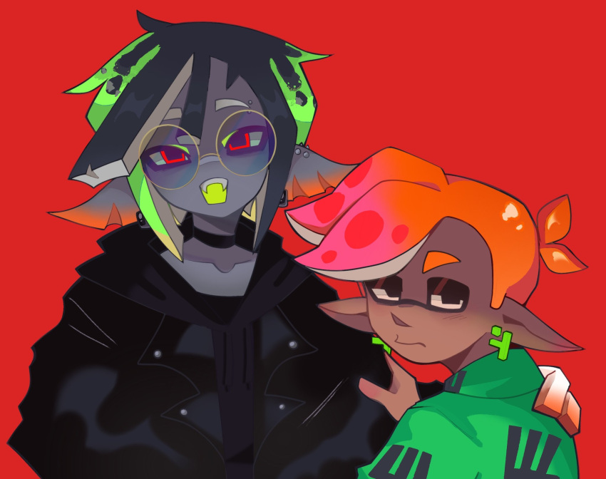 1boy, 1girl, baker_(splatoon), black_choker, black_hair, black_jacket, black_skin, choker