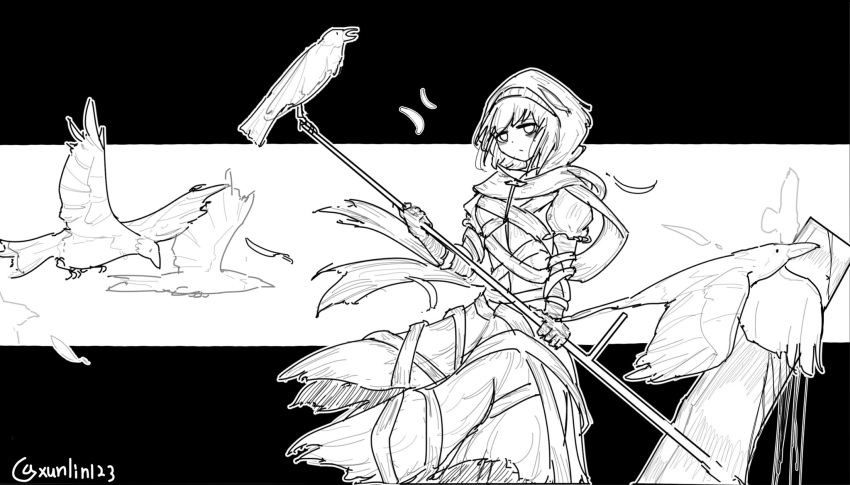 1girl, bird, crow, empty_eyes, greyscale, highres, holding, holding_weapon