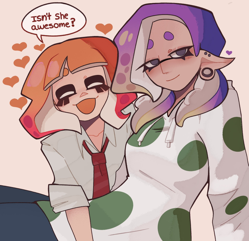 2girls, breasts, closed_eyes, collared_shirt, domino_mask, drawstring, english_text, genderswap, genderswap_(mtf), grey_eyes, heart, highres, hood, hood_down, hoodie, looking_at_viewer, mask, multiple_girls, nami_(splatoon), necktie, open_mouth, print_hoodie, quinn_(splatoon), red_necktie, shirt, smile, speech_bubble, splatoon_(series), tripledip, white_shirt