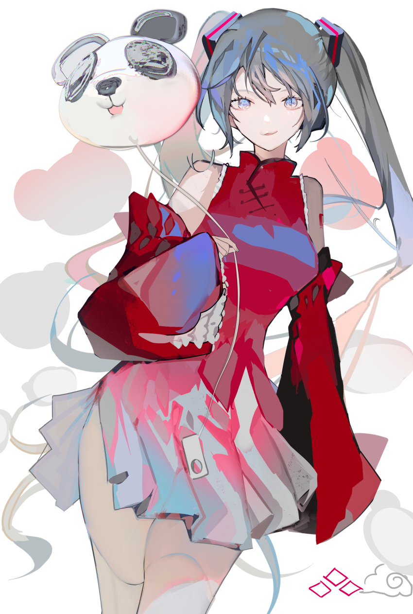1girl, absurdres, arm_tattoo, balloon, blue_eyes, china_dress, chinese_clothes, commentary_request, detached_sleeves, dress, grey_hair, hair_between_eyes, hatsune_miku, highres, holding, holding_balloon, long_hair, long_sleeves, looking_at_viewer, oekakinozobon, panda, pleated_skirt, red_dress, skirt, sleeves_past_wrists, solo, tattoo, thigh-highs, twintails, vocaloid, white_skirt