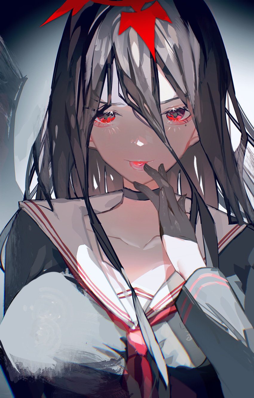 1girl, absurdres, black_choker, black_gloves, black_hair, black_serafuku, blue_archive, breasts