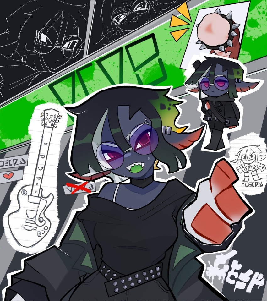1girl, belt, black_belt, black_hair, black_jacket, black_shirt, black_skin, colored_skin