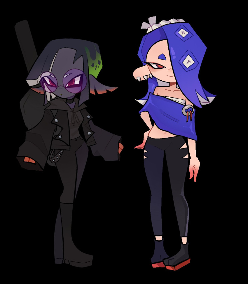 2girls, bare_shoulders, black_background, black_choker, black_footwear, black_hair, black_hoodie, black_jacket