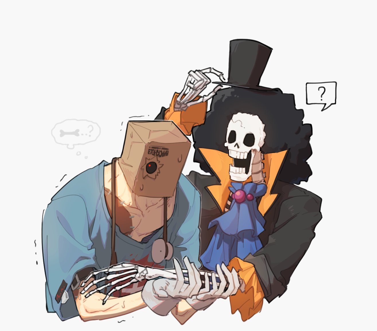 ?, adjusting_clothes, adjusting_headwear, afro, arm_up, ascot, bag, bag_on_head