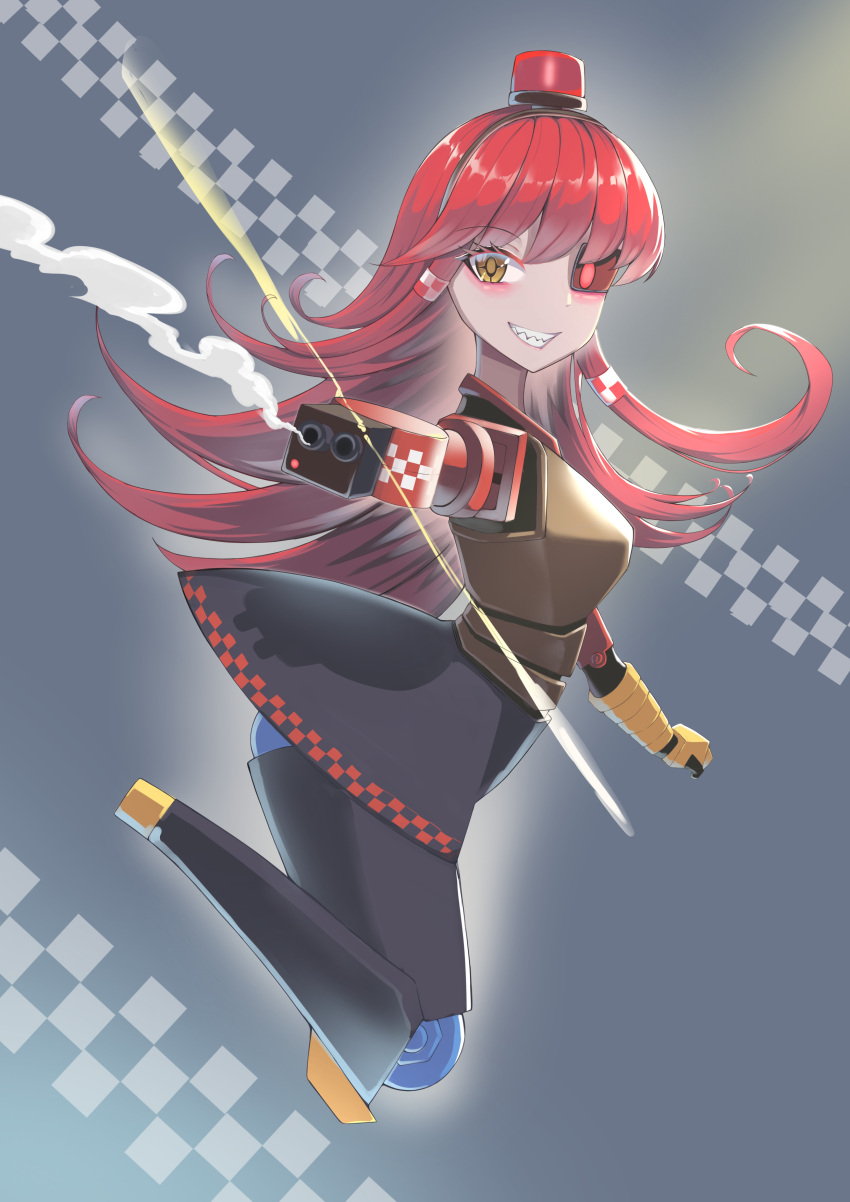 1girl, absurdres, alarm_siren, arm_cannon, black_skirt, borrowed_character, checkered_background, checkered_trim