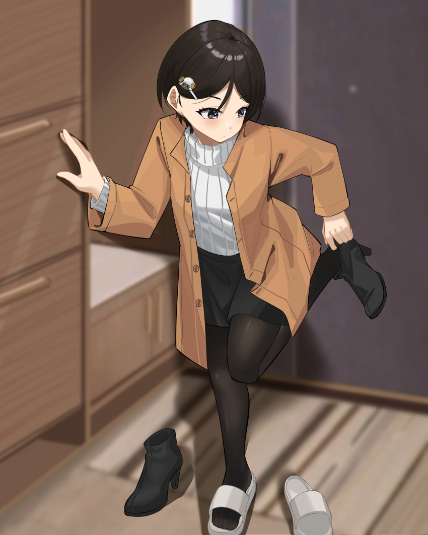 1girl, absurdres, black_footwear, black_hair, black_pantyhose, black_skirt, blush, boots