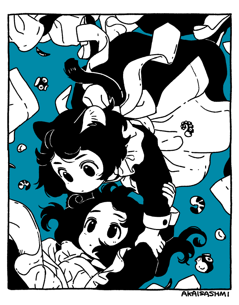 2girls, akai_sashimi, animal_ears, apron, artist_name, blue_background, border, cat_ears, cat_girl, cat_tail, dress, food, greyscale_with_colored_background, holding_another's_arm, long_sleeves, medium_hair, multiple_girls, octopus_(food), original, shrimp, sleeve_cuffs, tail, white_border