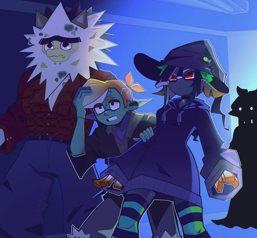 1girl, 3boys, baker_(splatoon), black_hair, black_shirt, black_skin, blue_pants, colored_skin