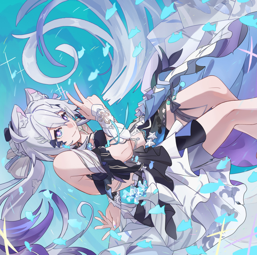 1girl, absurdres, animal_ear_fluff, animal_ears, birthday, blue_background, blue_eyes, cat_ears, chinese_commentary, closed_mouth, commentary_request, falling, feet_out_of_frame, fish, highres, honkai_(series), honkai_impact_3rd, kiana_kaslana, kiana_kaslana_(herrscher_of_finality), kiana_kaslana_(selenic_ripples), long_hair, meng8866, multicolored_hair, ponytail, purple_hair, smile, solo, two-tone_hair, v, very_long_hair, white_hair