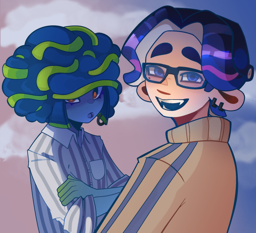 2boys, black-framed_eyewear, blue_eyes, blue_skin, brown_jacket, collared_shirt, colored_skin, cory_(splatoon)