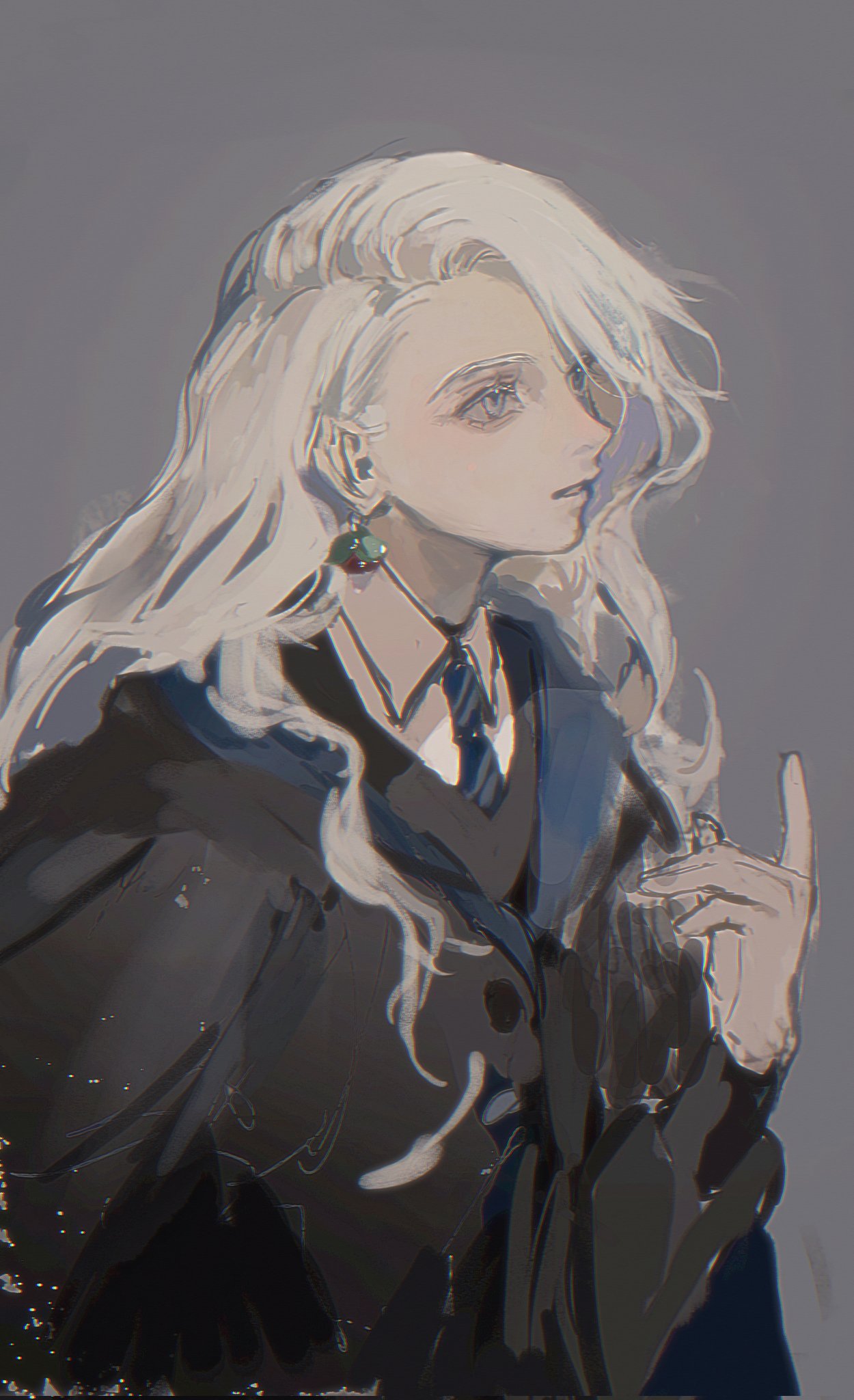 1girl, black_sweater, blonde_hair, blue_necktie, collared_shirt, commentary, earrings, grey_background